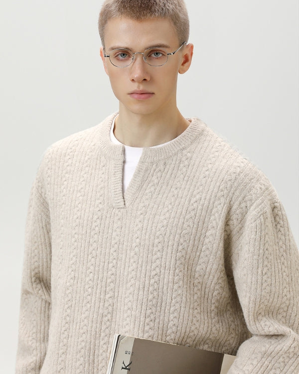 Cable Knit Notch Neck Sweater