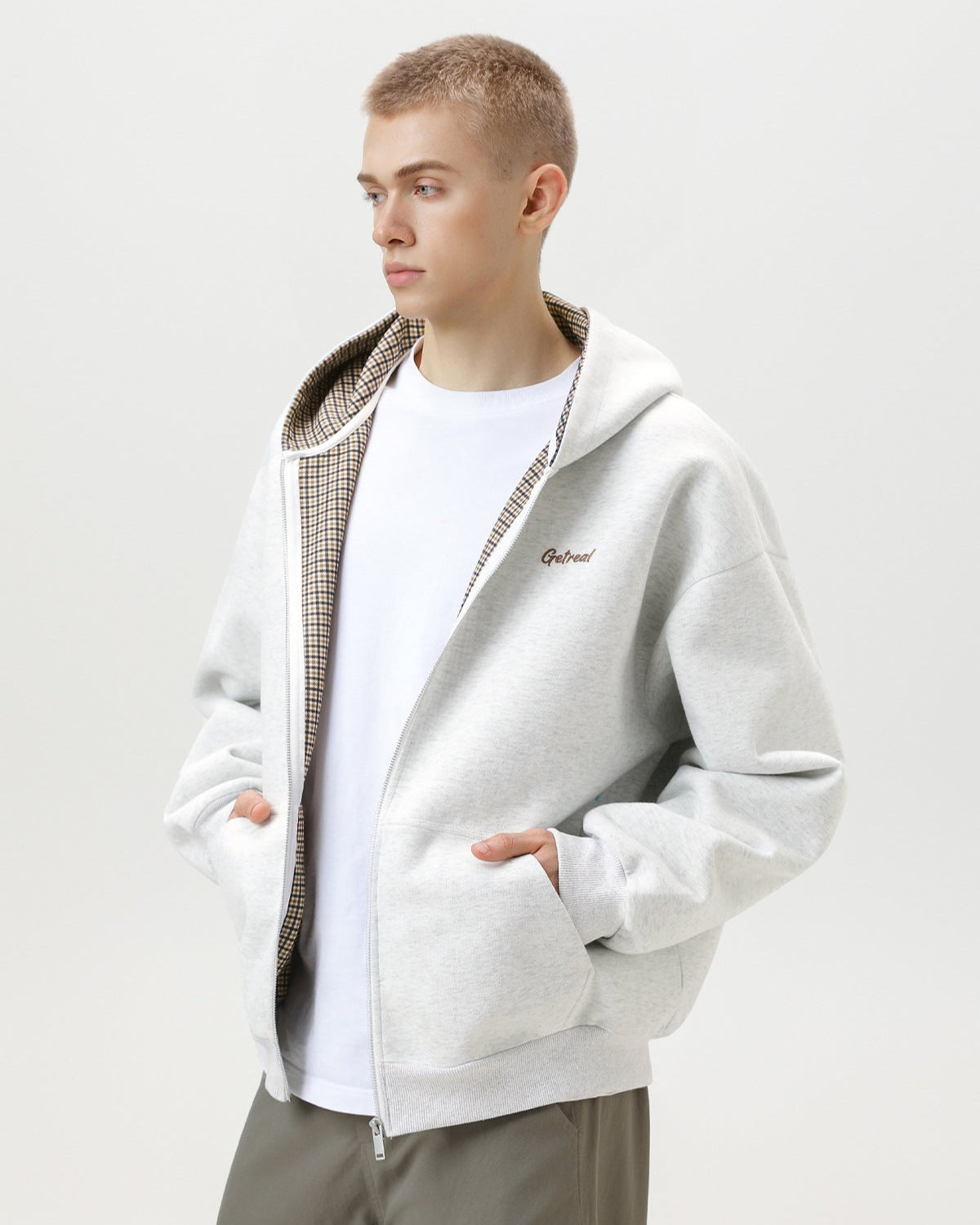 "Get Real" Checked Lined Zip Hoodie