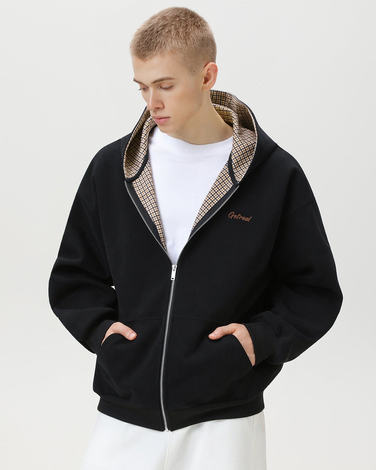 "Get Real" Checked Lined Zip Hoodie