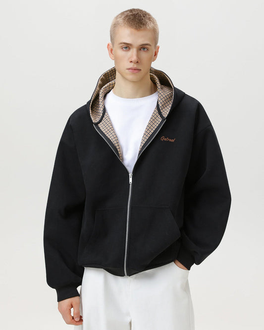 "Get Real" Checked Lined Zip Hoodie
